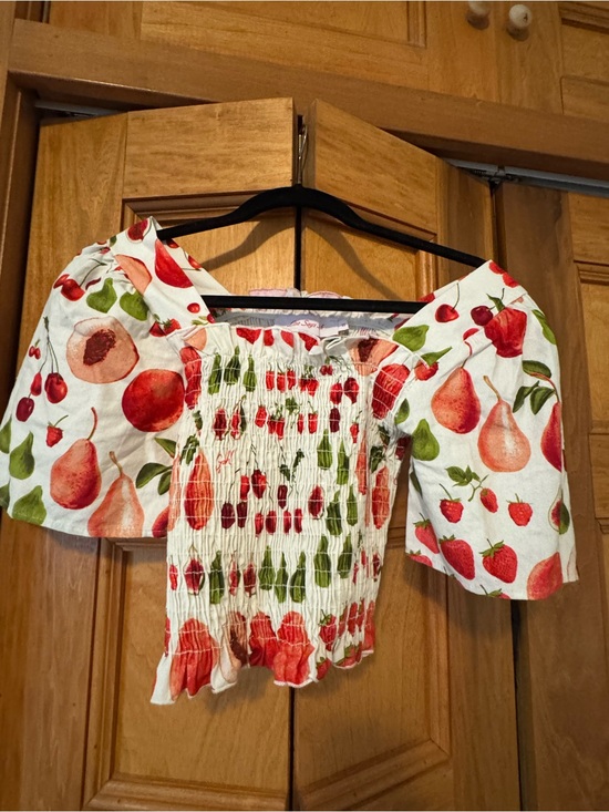 Lisa Says Gah Tops - Lisa Says Gah Smocked Off-Shoulder Fruit Print Crop Top - White with Red & Green
